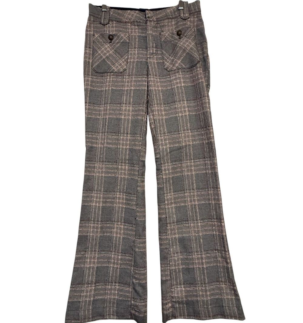 Free People Houndstooth Plaid Flare Leg Dress Pants Gray White Red SIZE 0 Womens